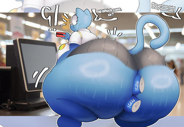 anthro badge beverage_can big_breasts big_butt black_eyes blue_body blue_ears blue_tail bodily_fluids bottomwear breasts butt can_in_ass caught cavity_storage clothing credit_card dialogue exclamation_point eyelashes female grey_bottomwear grey_clothing grey_skirt holding_credit_card holding_object huge_breasts huge_butt huge_thighs hyper hyper_butt inside looking_back mature_anthro mature_female motion_blur object_in_ass offscreen_character pink_nose question_mark rear_view shirt skirt snaggle_tooth solo speech_bubble supermarket sweat sweaty_butt tail talking_to_another teeth text thick_thighs topwear white_clothing white_shirt white_topwear crowundeadcat cartoon_network pepsi the_amazing_world_of_gumball nicole_watterson domestic_cat felid feline felis mammal 2026 colored digital_media_(artwork) english_text hi_res shaded