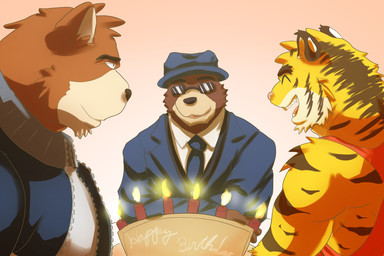 anthro birthday cake clothing dessert eyewear food group male male/male sunglasses trio wo morenatsu juuichi_mikazuki kenji_mikazuki torahiko_ooshima bear felid mammal pantherine tiger 2025 3:2