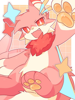 anthro big_tail cute_fangs fangs fur kemono looking_at_viewer male nude_anthro nude_male pawpads red_body red_eyes red_fur safe_nudity solo star tail teeth white_body white_fur yellow_pawpads monu_0w0 canid canine fish fox hybrid mammal marine shark 3:4 hi_res