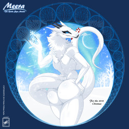 anthro big_breasts big_butt blue_eyes breasts butt candy candy_cane dessert female food fur horn looking_at_viewer looking_back looking_back_at_viewer nude rear_view smile snow snowing solo tail text thick_tail white_body white_fur walter_sache meera synx 1:1 2014 absurd_res alpha_channel dated digital_media_(artwork) english_text hi_res