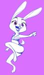 anthro bra clothing feet female flat_chested happy jumping open_mouth purple_background purple_eyes simple_background smile solo sports_bra sports_panties teeth tongue underwear jobbythehong disney zootopia judy_hopps lagomorph leporid mammal rabbit full-length_portrait hi_res monochrome portrait