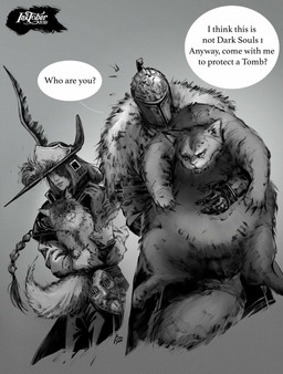 ambiguous_gender claws clothing female feral fur group hair holding_another overweight sharp_teeth simple_background tail teeth text topwear raquel_cornejo dark_souls fromsoftware alvina chosen_undead sweet_shalquoir domestic_cat felid feline felis human mammal 2019 digital_media_(artwork) english_text hi_res