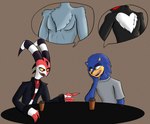 anthro beverage coffee coffee_mug duo fluffy_chest male muscular muscular_male pecs reachahighernoon helluva_boss sega sonic_the_hedgehog_(series) blitzo_(helluva_boss) shadow_the_hedgehog sonic_the_hedgehog stolas_(helluva_boss) avian bird demon eulipotyphlan hedgehog imp mammal owl hi_res