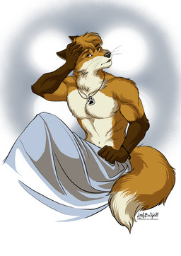 anthro bed bedding biceps blanket bracelet brown_body brown_fur chestfur exercise fluffy fur furniture jewelry male morning morning_after muscular necklace next_morning nude orange_body orange_fur paws scruffy solo tail tired waking_up whiskers white_body white_fur workout littlebadwolf doppelfoxx jakkals_van_der_bergh_(doppelfoxx) canid canine fox mammal hi_res