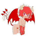 arched_back breasts female looking_at_viewer membrane_(anatomy) membranous_wings nipples not_furry nude pubes simple_background smile solo tail tail_motion tailwag white_background wings pukao demon humanoid 1:1 low_res