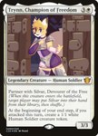 armor blonde_hair bulge card_template clothing femboy fur hair heterochromia legwear looking_at_viewer male solo text thigh_highs trading_card trading_card_template yellow_body yellow_fur artwithrozel hasbro magic:_the_gathering wizards_of_the_coast trynn_(mtg) canid canine fox mammal absurd_res english_text hi_res