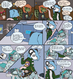 anthro band-aid bandage bandage_on_face bandage_on_nose bathroom black_body black_fur blep blue_body blue_eyes blue_fur blue_hair blue_nose blush bodily_fluids body_writing brown_hair butt clothed clothing collar dialogue eating_feces eyebrows fart feces feces_in_mouth female fur genital_fluids green_eyes group hair inside lgbt_pride looking_at_another male male/male onomatopoeia open_mouth out_of_order panties peeing peeing_on_another pink_nose poster pride_colors profanity public_restroom public_use purple_eyes restroom_stall scatplay sound_effects speech_bubble spikes spikes_(anatomy) sweater tail tally_marks teeth text toilet_paper tongue tongue_out topwear transgender_pride_colors underwear urine urine_stain whisker_spots white_body white_fur flushmutt wilco_(flushmutt) american_opossum canid canine fox mammal marsupial scalie virginia_opossum comic english_text hi_res trans_(lore) trans_woman_(lore)