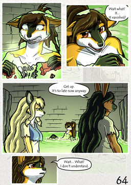 anthro big_breasts black_hair blonde_hair blue_eyes breasts brown_body brown_eye brown_eyes brown_fur brown_hair dialogue fantasy female fur hair large_spitz long_hair markings medieval nude red_eyes spots spotted_body spotted_fur text white_body white_fur yellow_body yellow_fur conditional_dnp zaiksmckraven the_quest_for_quests tqfq grace_o'malley madlaine_mckraven megan_bryar canid canine canis domestic_dog fox german_spitz lagomorph leporid mammal rabbit spitz absurd_res comic english_text hi_res
