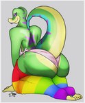 anthro big_butt border butt butt_focus clothed clothing crossdressing femboy green_body grey_border huge_butt kneeling leg_warmers legwear lgbt_pride lipstick looking_at_viewer looking_back makeup male panties pride_color_clothing pride_color_legwear pride_colors purple_lipstick rainbow_pride_colors rear_view simple_background six-stripe_rainbow_pride_colors smile solo tail thick_thighs underwear krowbutt gex_(series) gex_the_gecko gecko lizard reptile scalie digital_media_(artwork)