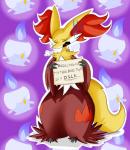 ambiguous_gender anthro breath claws conversational_sign eyes_closed fire fur group holding_object holding_sign humor inner_ear_fluff open_mouth pink_nose placard red_body red_fur sign text tongue tuft yellow_body yellow_eyes yellow_fur cladz dogshaming nintendo pokemon canid canine delphox generation_5_pokemon generation_6_pokemon litwick mammal pokemon_(species) 2014 english_text hi_res meme