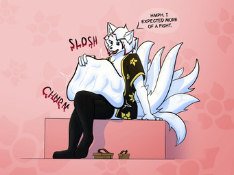 9_tails abdominal_bulge asian_clothing belly big_belly big_butt butt churning clothing dialogue duo east_asian_clothing footwear hair japanese_clothing kimono kimono_only legwear male multi_tail onomatopoeia red_hair same_size_vore sandals sandals_removed shoes sitting smug sound_effects tail text thigh_highs unimpressed vore white_body rook_burkhart_(artist) canid canine fox mammal 4:3 absurd_res hi_res
