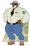 anthro belly belt belt_buckle boots bottomwear buckle bulge butt clothed clothing detailed_background footwear fur hat headgear headwear male musclegut muscular muscular_anthro muscular_male necktie overweight overweight_anthro overweight_male pants shirt shoes solo topwear nandarazzi cartoon_network dexter's_laboratory united_states_forest_service smokey_bear bear mammal ursine himbo digital_media_(artwork) hi_res