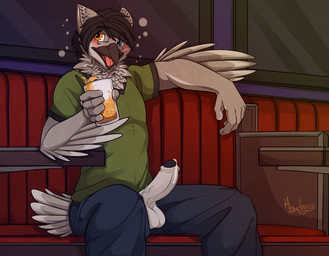 alcohol anthro balls beverage biped blush bodily_fluids bottomwear clothed clothing drunk erection genital_fluids genitals heterochromia holding_glass holding_object humanoid_genitalia humanoid_penis inside looking_at_viewer male open_bottomwear open_clothing open_mouth open_pants pants penis precum sitting solo substance_intoxication unzipped zipper higsby davioncarlyle avian bird owl digital_media_(artwork)