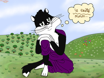 3_toes 4_fingers anthro barefoot black_eyes blue_sky closed_smile clothing feet female fingers gown grass hill mouth_closed nipples plant purple_clothing purple_gown sitting sitting_on_ground sky smile solo text thought_bubble toes tree whiskers white_feet white_hands white_sclera causal_adam looney_tunes warner_brothers penelope_pussycat domestic_cat felid feline felis mammal tuxedo_cat 2025 4:3 dated french_text