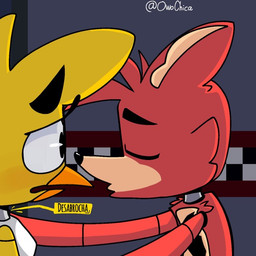against_surface against_wall anthro beak blush dialogue duo female kissing machine male male/female text owochica five_nights_at_freddy's scottgames chica_(fnaf) foxy_(fnaf) animatronic avian bird canid canine chicken fox galliform mammal phasianid robot robot_anthro 1:1 spanish_text