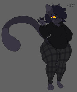 4_fingers :3 anthro barefoot belly biped black_clothing black_hair black_hoodie black_topwear bottomwear breasts cheek_spots claws clothed clothing dipstick_tail eyewear feet female fingers gesture glasses grey_background grey_body hair hair_over_eye height hoodie huge_hips long_tail looking_at_viewer markings navel_outline one_eye_obstructed pants pattern_bottomwear pattern_clothing pattern_pants pawpads plaid plaid_bottomwear plaid_clothing plaid_pants purple_eyes round_glasses simple_background slightly_chubby slightly_chubby_anthro slightly_chubby_female solo standing sweater tail tail_markings thick_thighs three-quarter_view topwear waving waving_at_viewer wearing_glasses wide_hips yellow_sclera gushee domestic_cat felid feline felis mammal 2024 full-length_portrait portrait