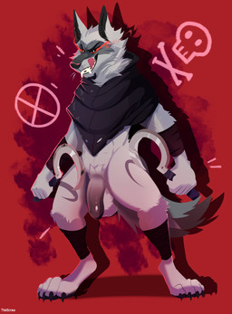 abs anthro balls black_cloak black_clothing cloak clothing dual_wielding fur genitals grey_body grey_fur holding_object holding_weapon humanoid_genitalia humanoid_penis licking licking_lips male melee_weapon multicolored_body multicolored_fur muscular muscular_anthro muscular_male open_mouth penis red_background red_eyes sharp_teeth sickle simple_background solo teeth tongue tongue_out two_tone_body two_tone_fur weapon thescraw dreamworks puss_in_boots_(franchise) death_(puss_in_boots) canid canine canis mammal wolf 2023 absurd_res hi_res