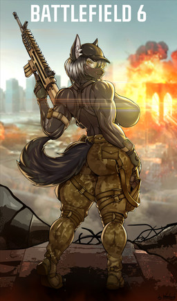 5_fingers anthro assault_rifle big_breasts black_body black_fur black_hair black_nose bodysuit boots bottomwear breasts bridge brooklyn_bridge building butt clothing explosion eyewear female fingerless_gloves fingers footwear fur glasses gloves gothic_architecture gun hair handwear hat headgear headwear huge_breasts humanoid_hands modern_architecture muscular muscular_anthro muscular_female neo-classical_architecture new_york_city outside pants ranged_weapon rifle shoes skinsuit skyscraper solo standing tail tight_clothing urban weapon wearing_glasses wearing_hat weelzelu battlefield_(series) battlefield_6 electronic_arts berreta_(cobra175) canid canine canis domestic_dog husky mammal nordic_sled_dog spitz absurd_res hi_res