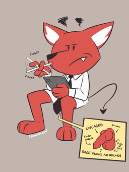 animal_genitalia animal_penis anthro canine_genitalia canine_penis clothing collared_shirt fidgeting fur genitals grey_background knot knotted_penis male necktie orange_body orange_fur pantsless_anthro pantsless_male penis sharp_teeth shirt simple_background sitting solo spade_tail tablet_computer tail teeth text topwear stinkplum apple_inc. ipad stinkplum_(character) canid canine fox mammal 3:4 english_text hi_res