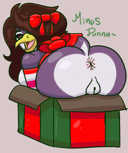 anthro anus beak big_breasts big_butt box breasts brown_hair butt christmas_clothing clothing container female genitals gift gift_bow gift_box gift_wrapped hair holidays slightly_chubby slightly_chubby_female solo vulva minusdanna christmas leela_(minusdanna) avian bird penguin hi_res