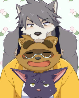 anthro biped black_nose bodily_fluids brown_body brown_fur clothing dango_(food) eyebrows eyes_closed fur grey_body grey_fur grey_hair group hair kemono male open_mouth pink_nose purple_body purple_fur shirt slightly_chubby sweat thick_eyebrows topwear yellow_clothing yellow_shirt yellow_topwear voitman2024 morenatsu kounosuke_kuri kouya_aotsuki shin_kuroi canid canine canis domestic_cat felid feline felis mammal raccoon_dog tanuki wolf 2026 4:5 absurd_res hi_res