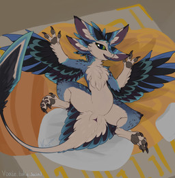 3_fingers 4_ears animal_genitalia anthro bed black_body black_feathers blue_body blue_feathers chest_tuft cloaca digitigrade feathered_arms feathered_wings feathers female female_anthro fingers furniture genitals high-angle_view looking_at_viewer lying multi_ear multicolored_body nude on_back on_bed pillow presenting presenting_cloaca simple_background smile solo spread_legs spreading triangular_cloaca tuft underfluffies white_body white_feathers wings thyvixie taluki_(vixie) avali avian absurd_res hi_res signature