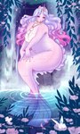 anthro blue_hair clothing eyelashes eyes_closed female gradient_hair hair horn multicolored_hair overweight overweight_anthro overweight_female pink_body pink_hair solo split_form topwear two_tone_hair wavy_hair white_clothing white_topwear tiggybloom mythology equid equine hybrid mammal marine merfolk mythological_creature mythological_equine unicorn hi_res