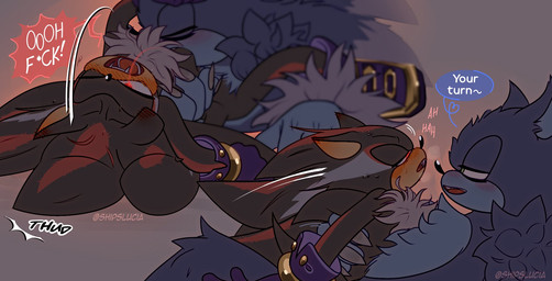 anthro aroused bedroom_eyes bite blush bodily_fluids breath claws duo ear_blush eyes_closed fangs larger_male male moan motion_lines narrowed_eyes one_eye_closed open_mouth open_smile pinned pinned_to_ground seductive size_difference smaller_male smile sweat sweatdrop teeth shipslucia sega sonic_the_hedgehog_(series) sonic_unleashed shadow_the_hedgehog sonic_the_hedgehog sonic_the_werehog eulipotyphlan hedgehog mammal vampire werecreature wereeulipotyphlan werehog hi_res