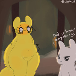 ambiguous_gender belly blush blush_lines dialogue duo embarrassed eyebrows fupa hands_behind_back motion_lines raised_eyebrow rumbling_stomach slightly_chubby tail thick_tail thick_thighs white_body yellow_body lspagf rain_world videocult monk_(rain_world) survivor_(rain_world) slugcat 1:1 absurd_res hi_res