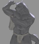 abdominal_scar anthro arm_scar armpit_hair asian_clothing belly_hair biceps bodily_fluids body_hair bulge clothed clothing deltoids detailed_bulge dripping droplets east_asian_clothing facial_scar fundoshi fundoshi_only genital_fluids genital_outline grey_background holding_object holding_towel japanese_clothing male manly muscular nipples pecs penis_outline precum precum_drip pubes raised_arm scar simple_background solo topless towel triceps underwear underwear_only washing_self water_drop nsfboxers elden_ring fromsoftware blaidd_(elden_ring) canid canine canis mammal wolf 2025 hi_res