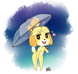 anthro bent_over blush chibi covered_vulva female flat_chested heart_symbol holding_object looking_at_viewer nipples nude simple_background simple_eyes smile solo standing thin_calves umbrella wide_hips young young_anthro young_female nekostar animal_crossing nintendo isabelle_(animal_crossing) canid canine canis domestic_dog mammal 2023 hi_res signature