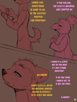 ambiguous_gender anthro beak clothed clothing coat comic_panel dialogue eyes_closed grey_eyes half-closed_eyes lab_coat male narrowed_eyes pink_text tail text topwear yellow_text conditional_dnp dacad rebecca_(dacad) tyler_(dacad) avian domestic_ferret mammal mustelid musteline true_musteline weasel comic english_text hi_res restricted_palette