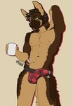 abs anthro balls_outline big_bulge bodily_fluids bulge clothed clothing container cup detailed_bulge erection erection_under_clothing facial_hair genital_fluids genital_outline green_eyes greying_hair groggy jockstrap jockstrap_only leaking_precum male mature_anthro mature_male mug muscular muscular_male nipples one_eye_closed pattern_clothing pattern_underwear penis_outline pink_nipples plaid plaid_clothing plaid_underwear precum precum_through_clothing scar sideways-pointing_bulge simple_background solo topless underwear underwear_only wet wet_clothing frostedchase richard_(frostedchase) canid canine canis domestic_dog german_shepherd herding_dog mammal pastoral_dog 2022 hi_res sketch_page