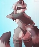 anthro areola big_butt biped black_choker black_clothing black_jewelry black_legwear black_necklace black_nose black_panties black_shirt black_topwear black_underwear blush breasts butt cheek_tuft choker clothed clothing clothing_lift countershade_butt countershade_fur countershade_torso countershading eyebrows facial_tuft female fur grey_body grey_fur grey_hair hair jewelry legwear looking_at_viewer looking_back looking_back_at_viewer medium_breasts necklace nipples panties pink_areola pink_eyes pink_nipples rear_view shirt shirt_lift snout solo tail thick_thighs topwear tuft underwear white_body white_countershading white_fur wide_hips spider_bones mammal procyonid raccoon 2025 5:6 digital_media_(artwork) hi_res shaded