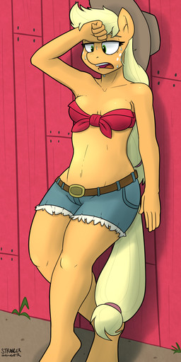 anthro anthrofied belt blonde_hair bottomwear clothed clothing cowboy_hat denim denim_clothing female freckles green_eyes hair hat headgear headwear long_hair navel open_mouth shorts solo strangerdanger friendship_is_magic hasbro my_little_pony applejack_(mlp) earth_pony equid equine horse mammal pony 2015 absurd_res hi_res