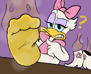 anthro beak black_eyes blue_sclera bodily_fluids clothing confusion feet female foot_fetish foot_on_table footwear fur furniture gesture hand_gesture looking_at_viewer musk musky_feet pointing pointing_at_self purple_eyelids question_mark raised_foot simple_background smelly smelly_feet smelly_shoes socks solo sweat sweaty_clothing sweaty_feet sweaty_footwear sweaty_socks table white_body white_fur yellow_beak yellow_sock shrinkybee disney daisy_duck anatid anseriform avian bird duck