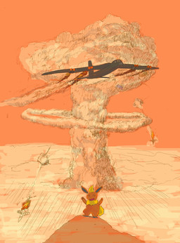 aircraft airplane ambiguous_gender b-52_stratofortress brown_body cloud explosives feral fire fur monotone_tail mushroom_cloud neck_tuft nuke orange_body orange_fur outside simple_background sky smoke solo standing tail tuft vehicle yellow_body yellow_fur geboku nintendo pokemon eeveelution flareon generation_1_pokemon pokemon_(species) 2020 digital_media_(artwork) hi_res orange_theme