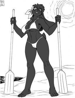 anthro beach bikini breasts clothed clothing eyewear female glasses looking_at_viewer midriff navel outside seaside skimpy solo summer sun swimwear two-piece_swimsuit max_blackrabbit maxine_blackbunny paddles lagomorph leporid mammal rabbit 2016 black_and_white digital_media_(artwork) mixed_media monochrome pen_(artwork) traditional_media_(artwork)