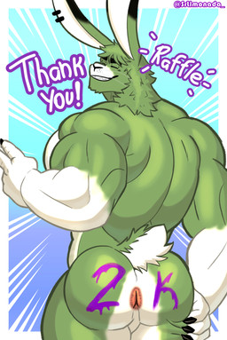 anthro anus back_muscles bangs bubble_butt butt butt_focus butt_grab claws ear_piercing eyebrows eyes_closed follower_celebration fur glistening glistening_body green_body green_fur hair hand_on_butt long_ears long_hair male muscular muscular_anthro muscular_arms muscular_male nude piercing rear_view short_tail smile smiling_at_viewer solo tail teeth text whisker_spots whiskers srlimonada danielrabbit lagomorph leporid mammal rabbit 2025 absurd_res english_text hi_res shaded