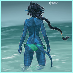 black_hair blue_body blue_border blue_skin border braided_hair braided_ponytail clothed clothing female glow_freckles hair jewelry markings pandora_(planet) ponytail sea solo striped_markings stripes swimwear tail topless topless_female water young isw james_cameron's_avatar tuktirey_(james_cameron's_avatar) humanoid 1:1 hi_res
