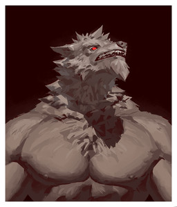 anthro black_body black_fur border brown_background empty_eyes front_view fur looking_aside male muscular muscular_anthro muscular_male neck_tuft nipples nude nude_anthro nude_male open_mouth pecs red_eyes simple_background snout solo teeth tuft white_border kingarthur_i canid mammal 2023 digital_drawing_(artwork) digital_media_(artwork) half-length_portrait hi_res portrait
