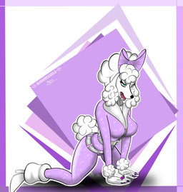 accessory anthro aroused boots bow_ribbon breasts clothing colored_nails female footwear hair_accessory high_heeled_boots high_heels jumpsuit nails pose riding ring shoes solo white_body sugarpoodle epic_games fortnite lady_poodlina unnamed canid canine canis domestic_dog mammal poodle absurd_res hi_res