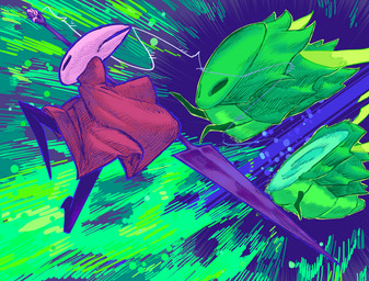 ambiguous_gender anthro attack biped cloak clothed clothing cut_in_half duo feral melee_weapon pose red_cloak red_clothing slashing thread weapon sharpski hollow_knight:_silksong hollow_knight_(franchise) team_cherry hornet_(hollow_knight) arthropod savage_beastfly 2026 absurd_res hi_res female_(lore)
