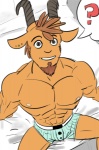 2_horns abs anthro beard bed biceps biped blue_clothing blue_underwear boxers_(clothing) brown_body brown_eyes brown_fur brown_hair clothed clothing ear_piercing facial_hair fur furniture goatee grin hair horn looking_at_viewer male male_anthro muscular muscular_anthro muscular_male nipples pattern_clothing pattern_underwear pecs piercing pose question_mark sitting smile solo speech_bubble striped_clothing striped_underwear stripes tan_body tan_fur teeth topless underwear shtarfish cartoon_network regular_show thomas_(regular_show) bovid caprine goat mammal 2012 digital_media_(artwork)