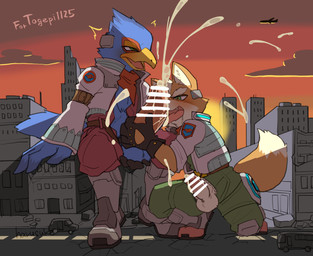 anthro ball_fondling balls beak blue_body blue_feathers bodily_fluids building car censor_bar city clothed clothed_sex clothing cloud cum detailed_background duo erection feathers fondling fur genital_fluids genitals ineffective_censorship kneeling licking light macro macro_on_macro male male/male multicolored_body multicolored_feathers multicolored_fur oral orange_body orange_fur outside outside_sex penile penis penis_lick pink_tongue red_body red_feathers road sex sitting sky sun sunlight text tongue tongue_out two_tone_body two_tone_feathers two_tone_fur vehicle white_body white_fur harusuke nintendo star_fox falco_lombardi fox_mccloud avian bird canid canine fox mammal 2021 absurd_res alternate_version_at_source censored digital_media_(artwork) english_text hi_res lighting signature uncensored_version_at_source