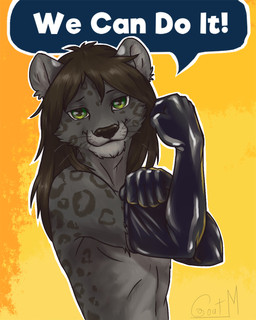 ambiguous_gender anthro clothing fist fluffingeheimen gloves green_eyes hair handwear humor latex latex_clothing latex_gloves latex_handwear leopard_spots long_hair poster snow solo spots goatm we_can_do_it! felid leopard mammal pantherine snow_leopard hi_res