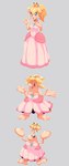 barefoot basic_sequence blonde_hair blue_eyes blush bodily_fluids breasts clothing crown dress eyelashes feet female hair headgear human_to_humanoid linear_sequence not_furry simple_background solo species_transformation standing sweat sweatdrop three_frame_image three_frame_sequence transformation transformation_sequence riderx mario_bros nintendo super_mario_sunshine princess_peach human humanoid mammal pianta_(super_mario_sunshine) 2021 absurd_res hi_res sequence