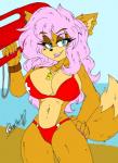 anthro beach belly_button_ring big_breasts bikini breasts clothing colored_nails ear_piercing female huge_breasts lifeguard markings mole_(marking) nails piercing seaside solo swimwear two-piece_swimsuit whistle_(object) zhengfox nidia_rose canid canine fox mammal hi_res