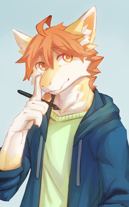anthro blue_clothing blue_jacket blue_topwear cheek_tuft clothed clothing facial_tuft front_view fur green_clothing green_topwear hair holding_tablet_pen jacket male male_anthro mouth_closed open_clothing open_jacket open_topwear orange_eyes orange_hair simple_background solo topwear tuft white_body white_fur yellow_body yellow_fur kuttoyaki mythology kutto dragon furred_dragon furred_scalie mythological_creature mythological_scalie scalie hi_res
