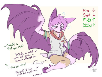 1_finger 4_toes anthro bat_ears bat_tail bat_wings blue_eyes broken_glasses clothing dialogue eyewear feet female fur fur_tuft glasses hair human_to_anthro loss_of_dexterity membrane_(anatomy) membranous_wings offscreen_character purple_body purple_fur purple_hair question_mark shirt simple_background sitting solo species_transformation text toes topwear torn_clothing torn_shirt torn_topwear transformation tuft unaware_transformation white_background wings wings_instead_of_hands shrubie_fox bat mammal english_text hi_res